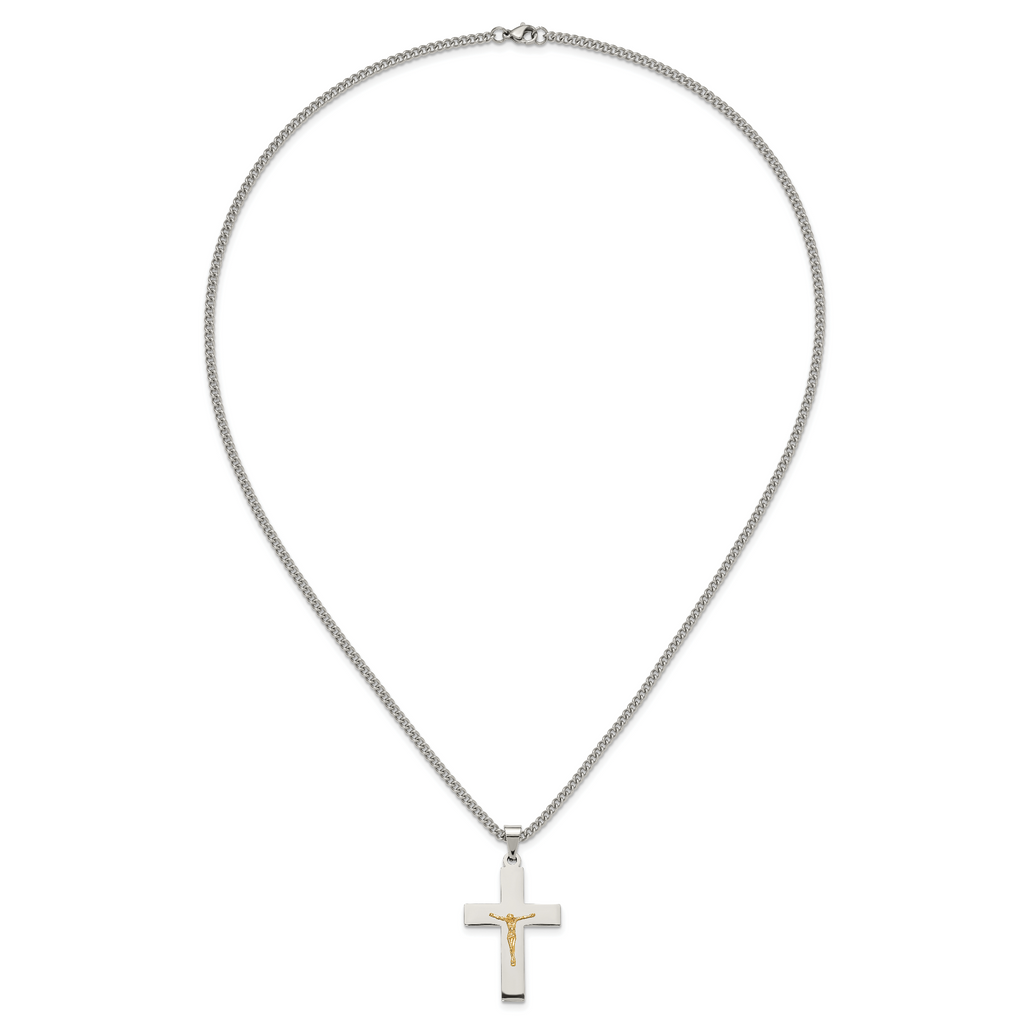 Men's Polished Crucifix Stainless Steel 14K Gold Accent Curb Chain Pendant Necklace 3mm