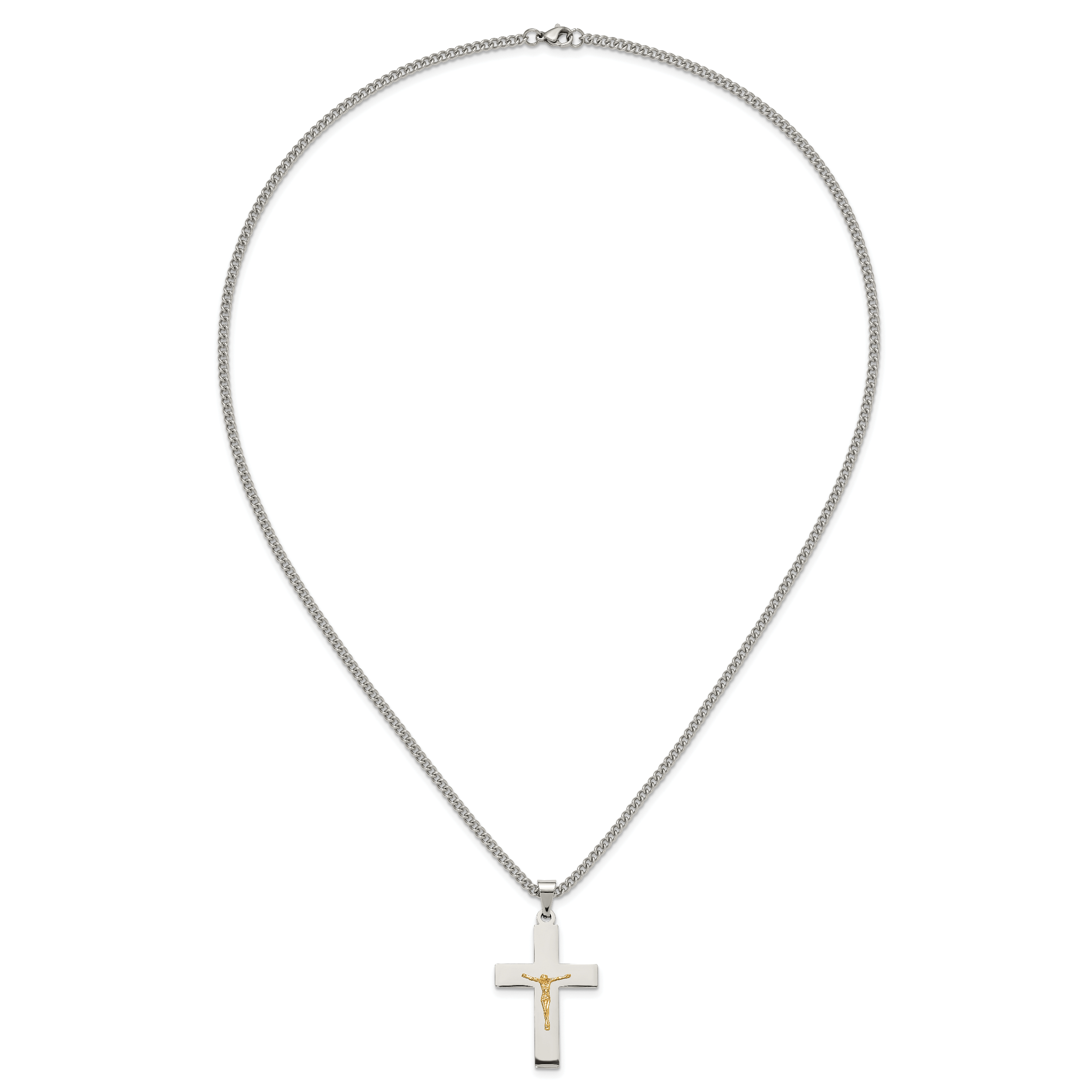 Men's Polished Crucifix Stainless Steel 14K Gold Accent Curb Chain Pendant Necklace 3mm