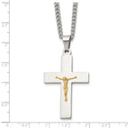 Men's Polished Crucifix Stainless Steel 14K Gold Accent Curb Chain Pendant Necklace 3mm