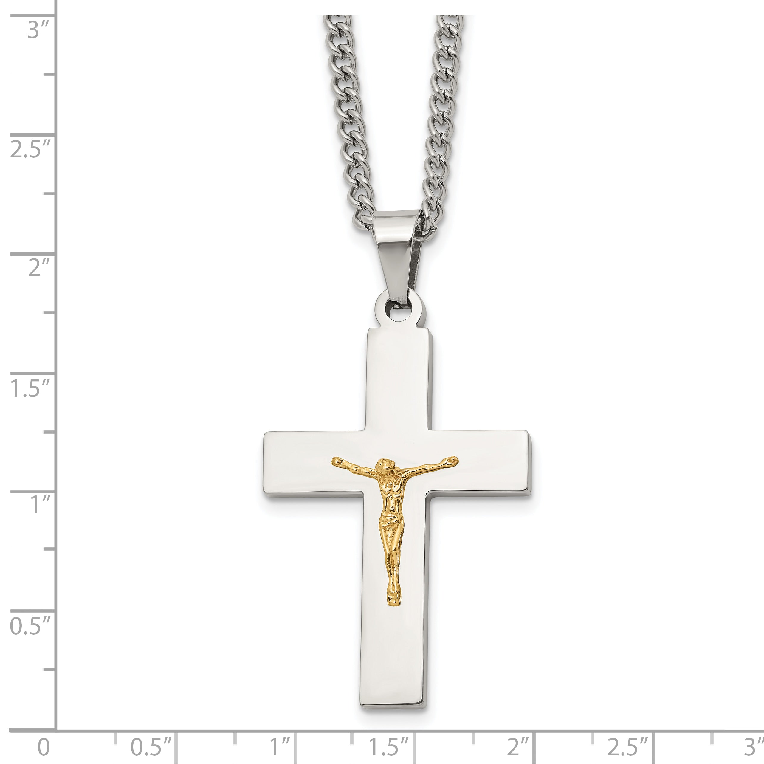 Men's Polished Crucifix Stainless Steel 14K Gold Accent Curb Chain Pendant Necklace 3mm