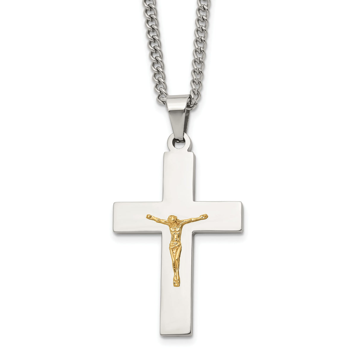 Chisel Crucifix Pendant Necklace in Stainless Steel with 14K Gold Accent, Polished, 24 Inch Curb Chain - Sophia Jewelers Main image