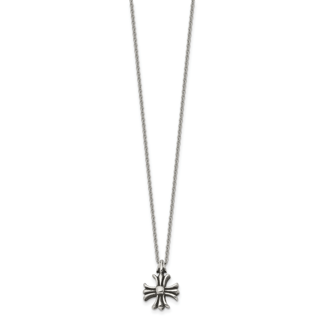 Antiqued Cross Stainless Steel Cable Chain Necklace 1.5mm 24.5in