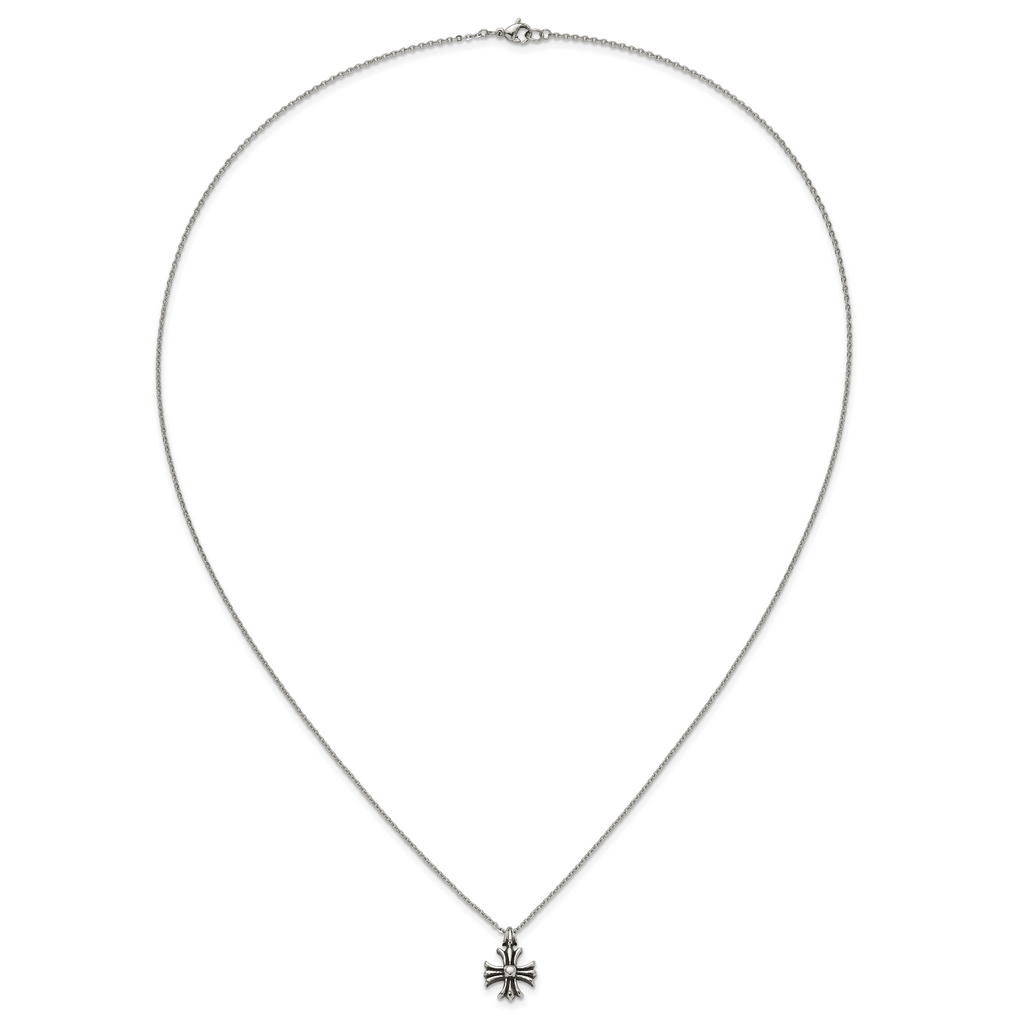 Antiqued Cross Stainless Steel Cable Chain Necklace 1.5mm 24.5in