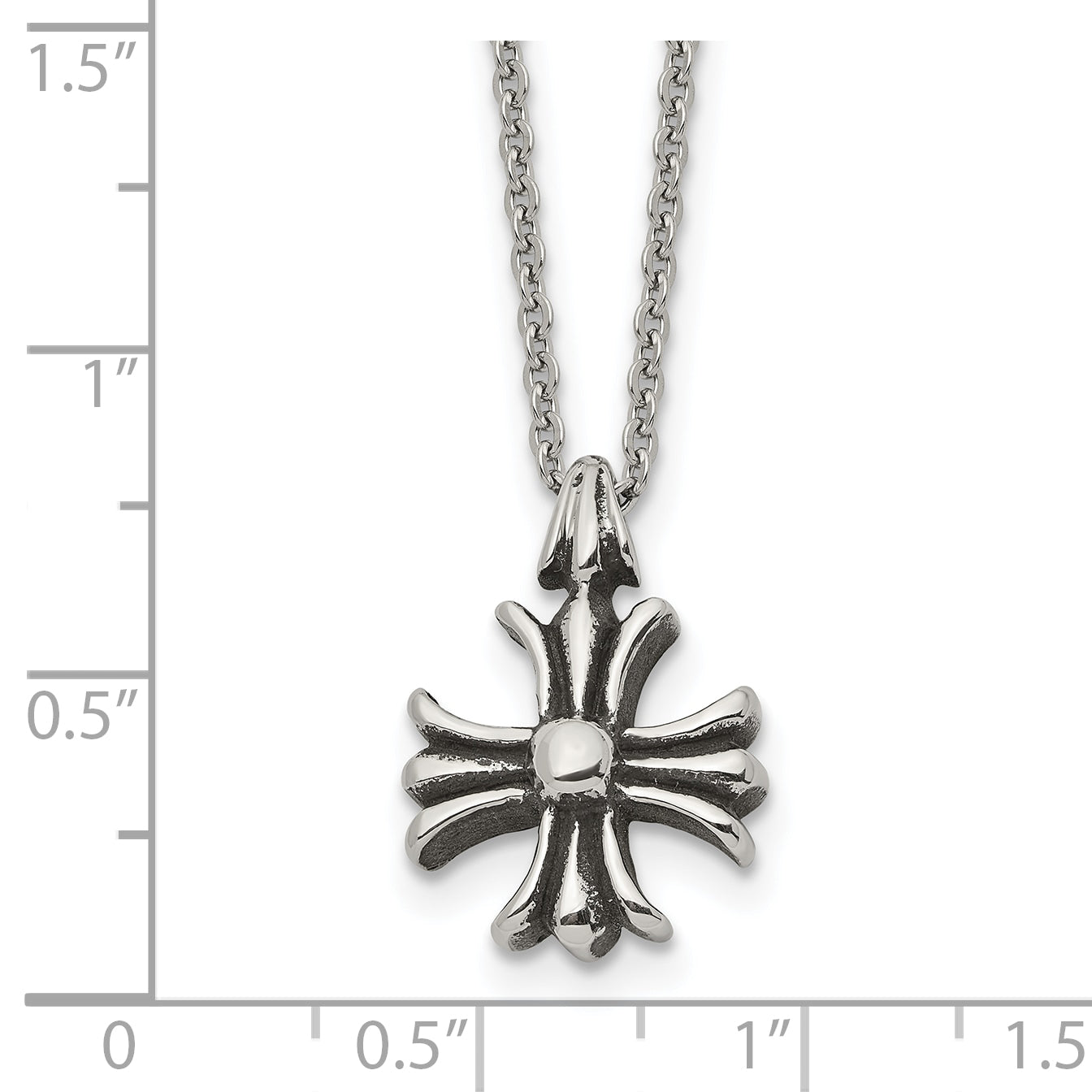 Antiqued Cross Stainless Steel Cable Chain Necklace 1.5mm 24.5in