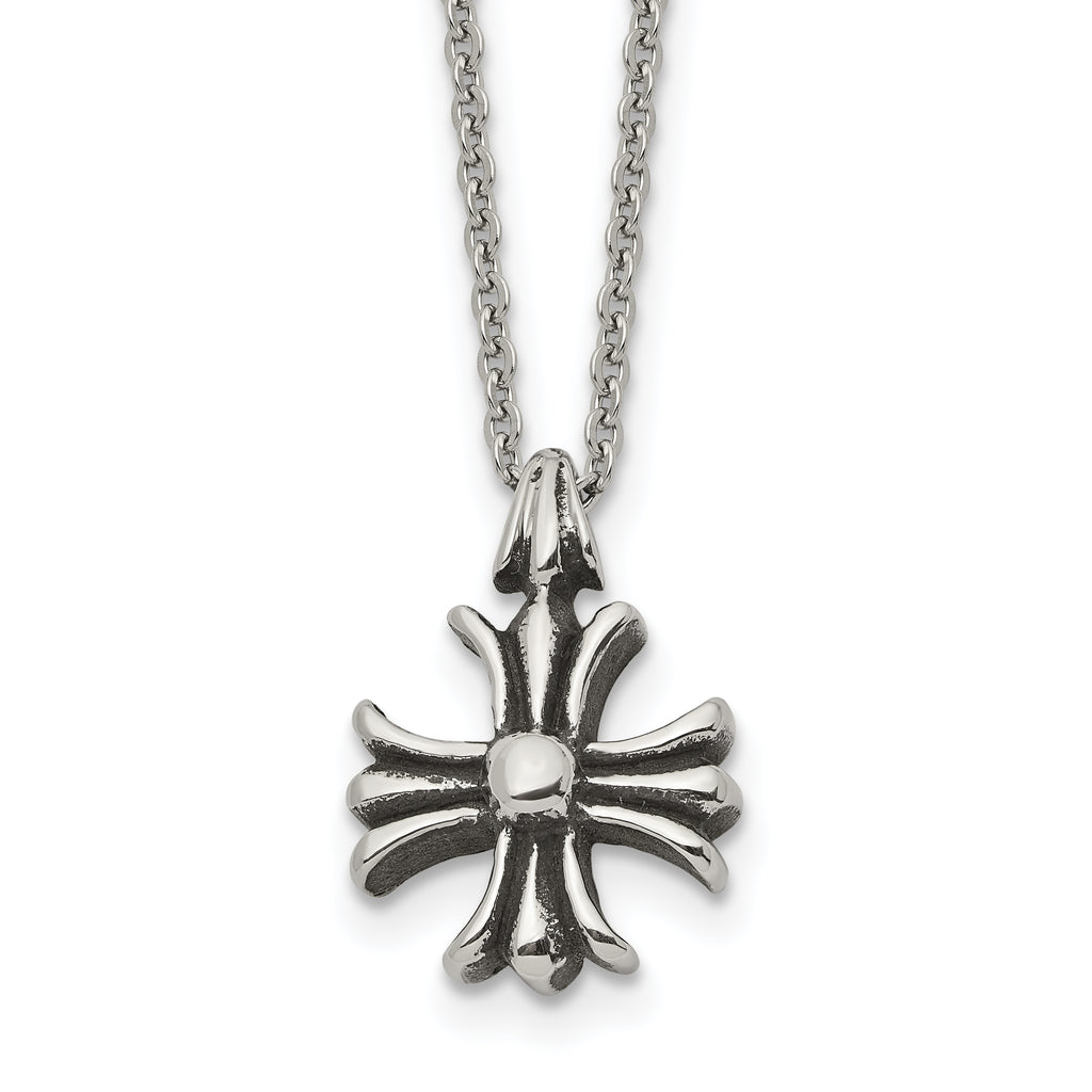 Antiqued Cross Stainless Steel Cable Chain Necklace 1.5mm 24.5in