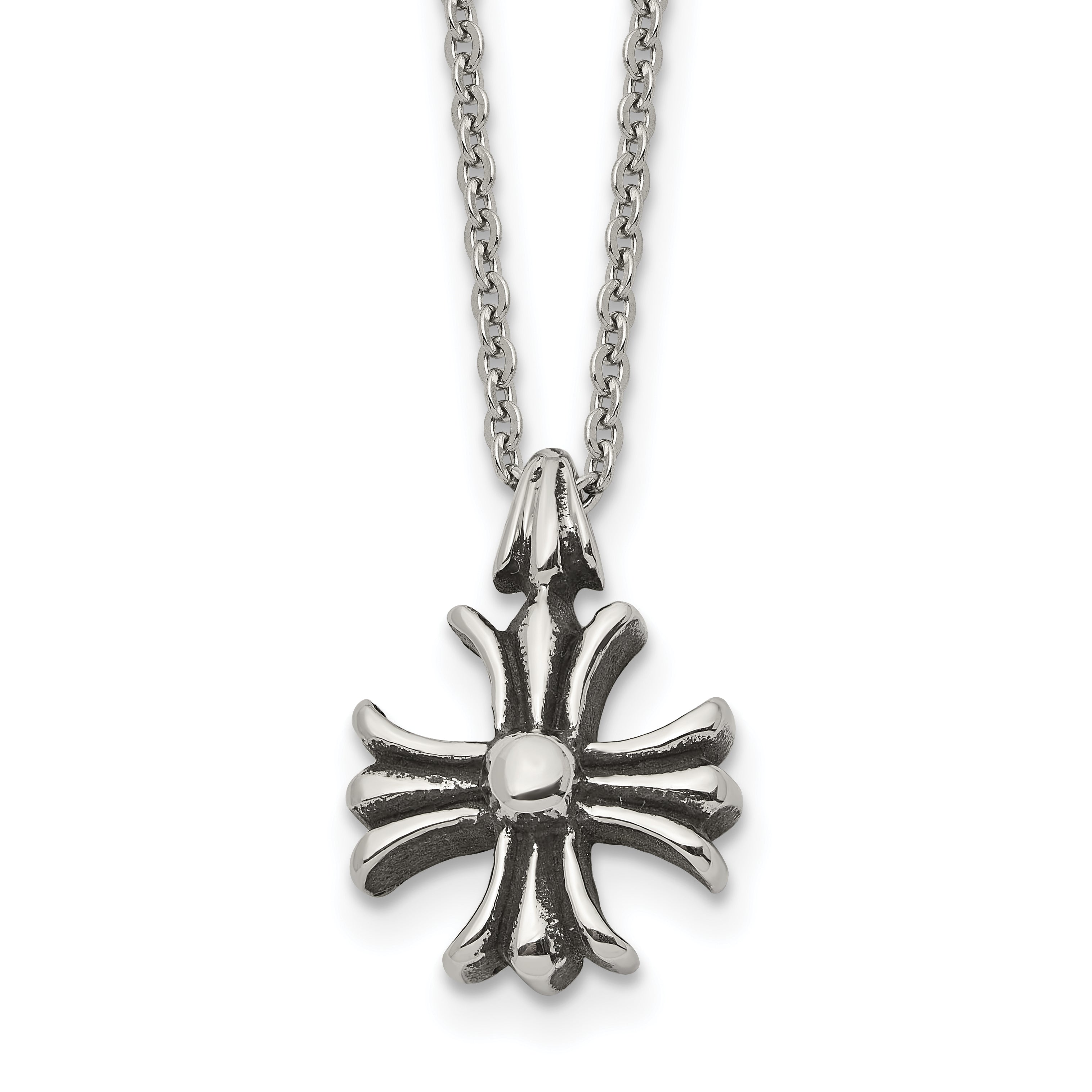 Antiqued Cross Stainless Steel Cable Chain Necklace 1.5mm 24.5in
