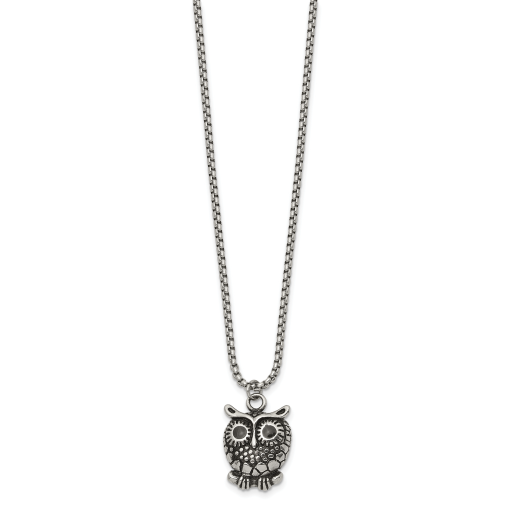 Polished Owl Stainless Steel Box Chain Pendant Necklace 1.82mm