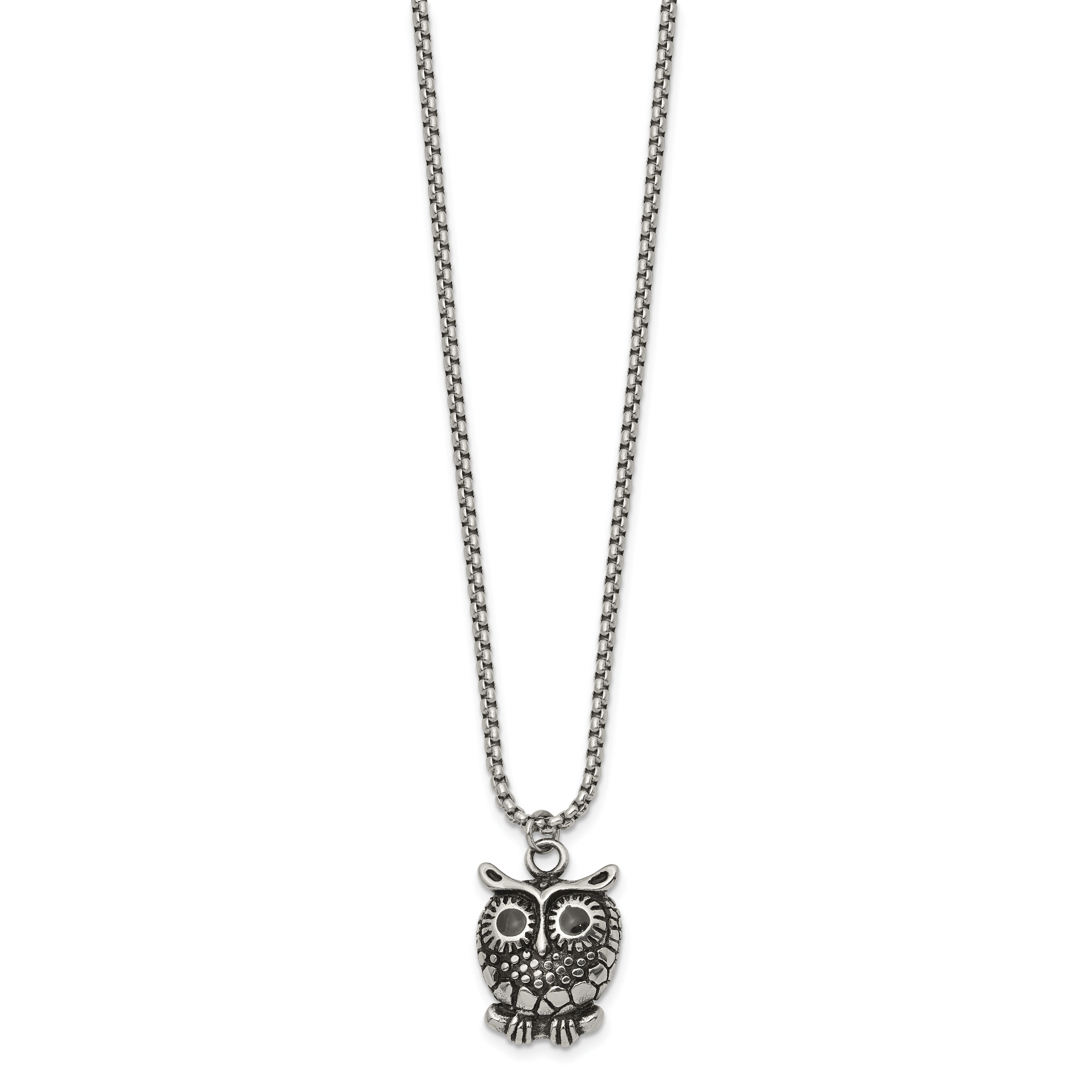Polished Owl Stainless Steel Box Chain Pendant Necklace 1.82mm