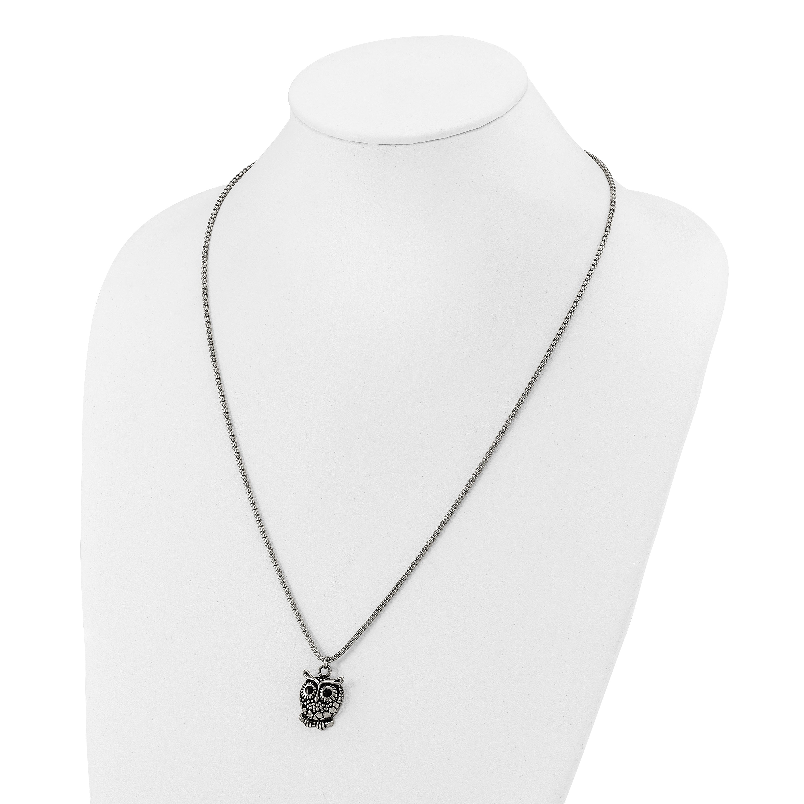 Polished Owl Stainless Steel Box Chain Pendant Necklace 1.82mm