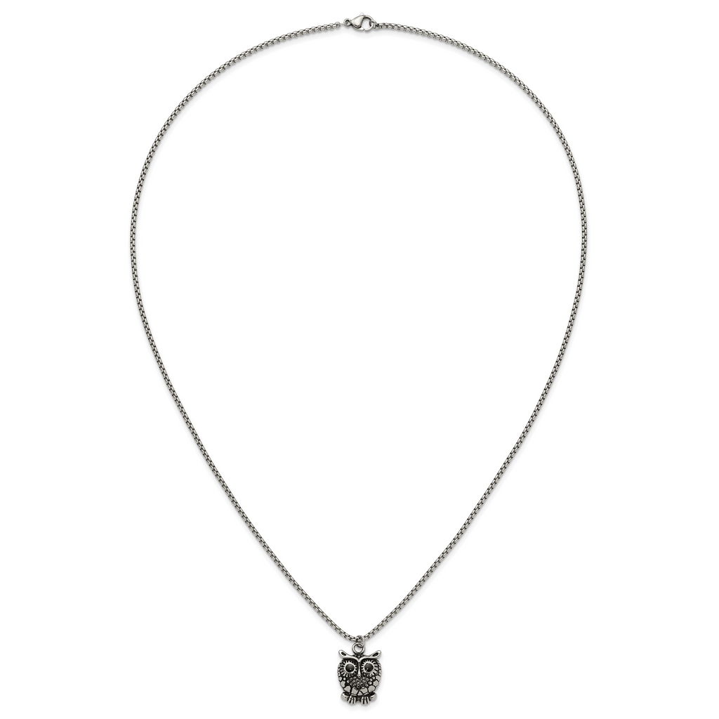 Polished Owl Stainless Steel Box Chain Pendant Necklace 1.82mm