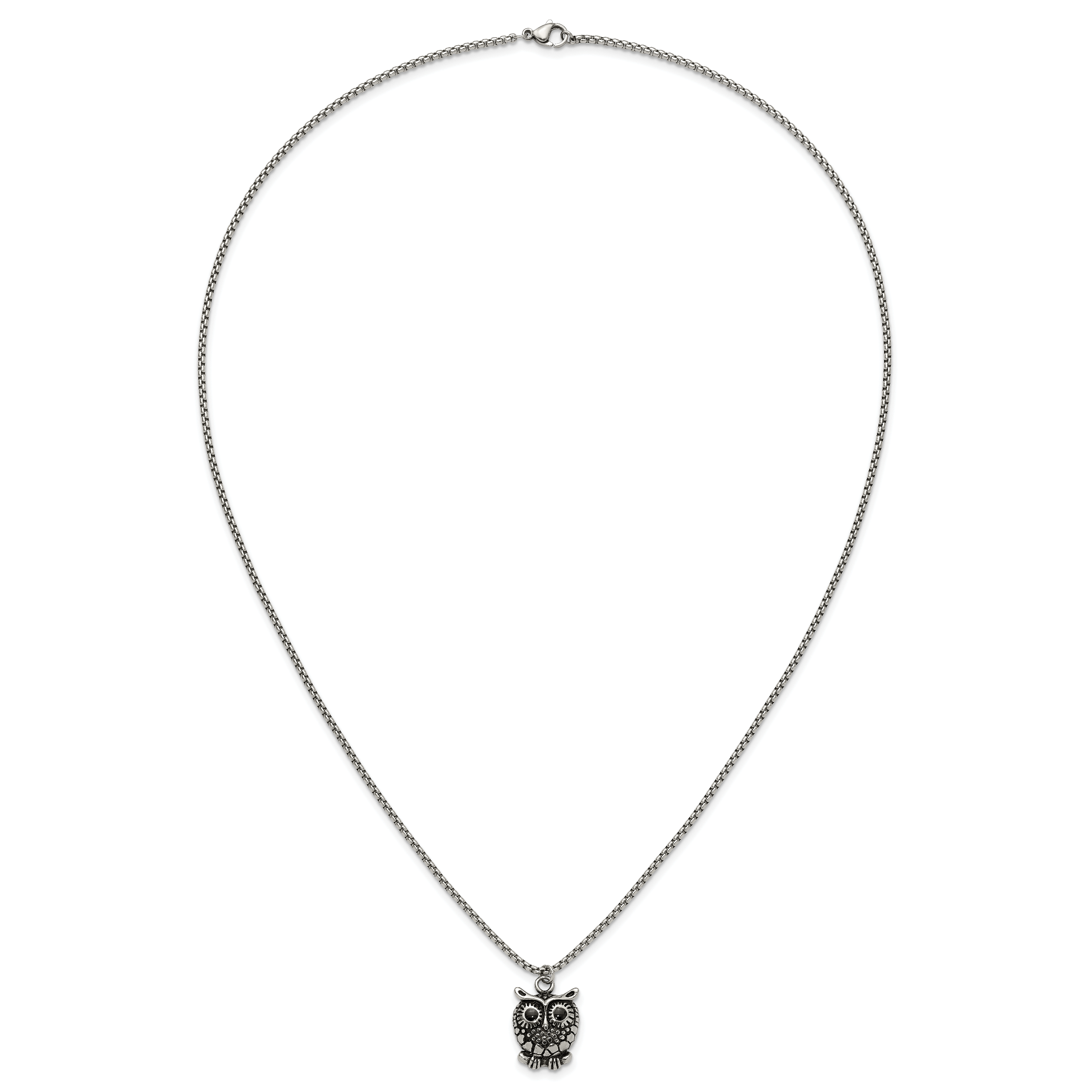 Polished Owl Stainless Steel Box Chain Pendant Necklace 1.82mm