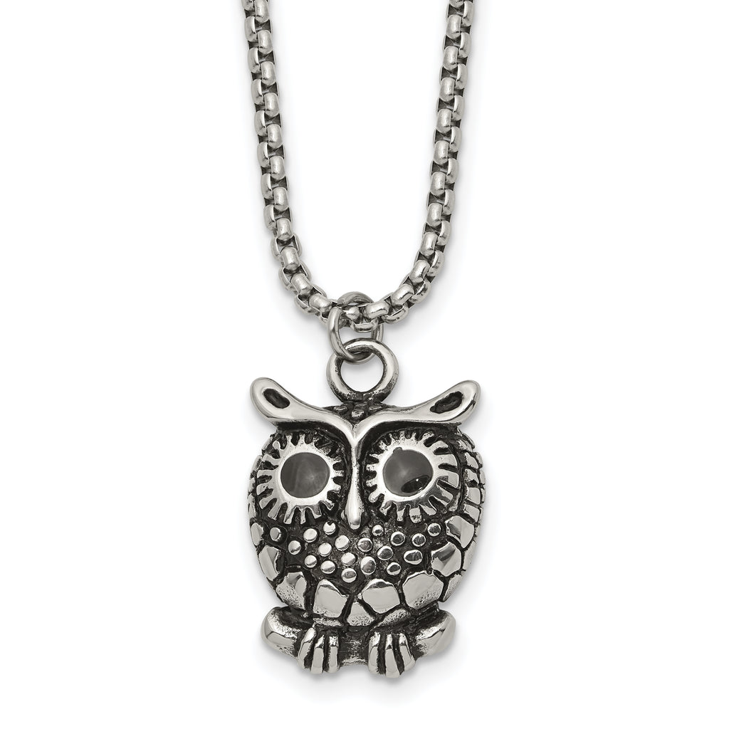Polished Owl Stainless Steel Box Chain Pendant Necklace 1.82mm