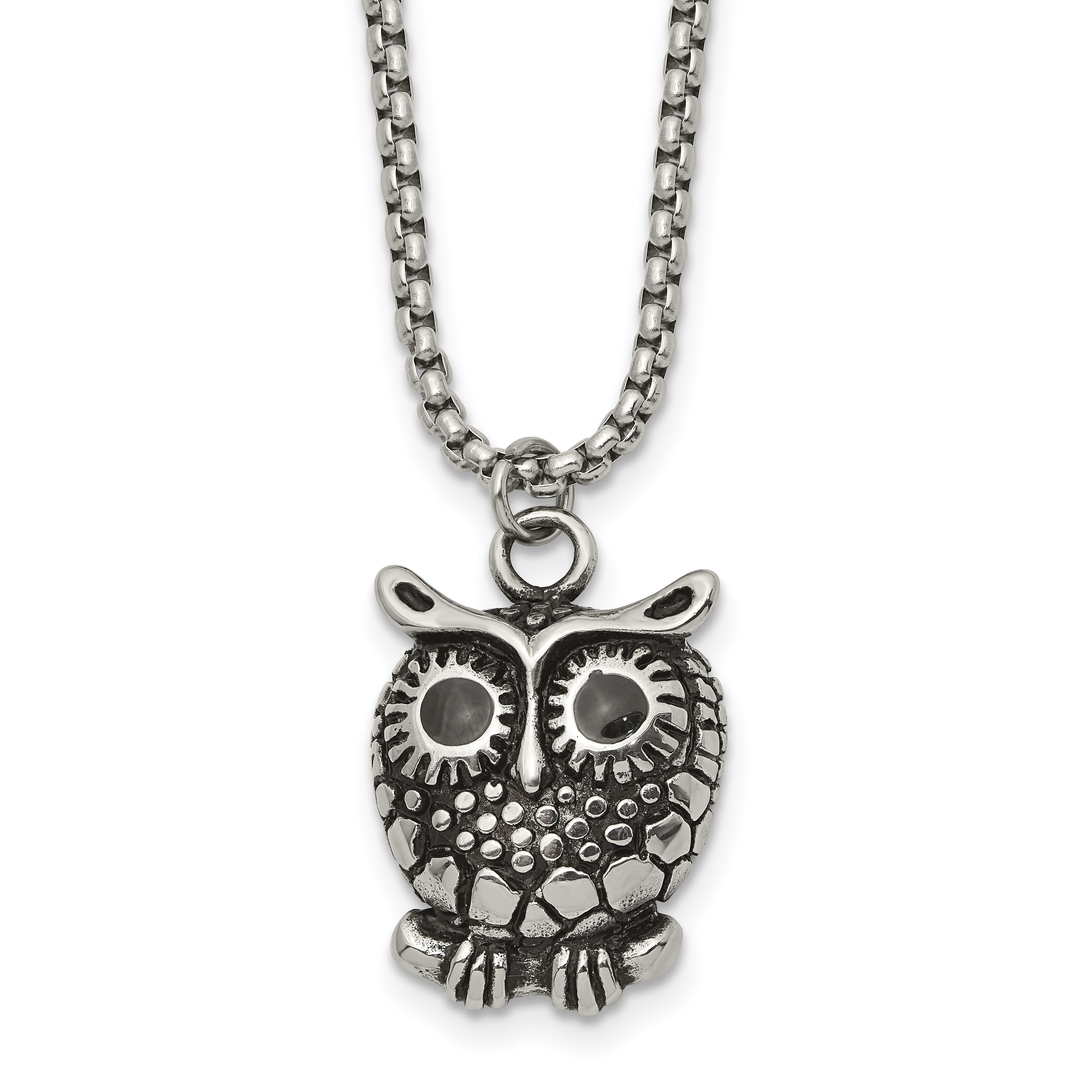 Polished Owl Stainless Steel Box Chain Pendant Necklace 1.82mm