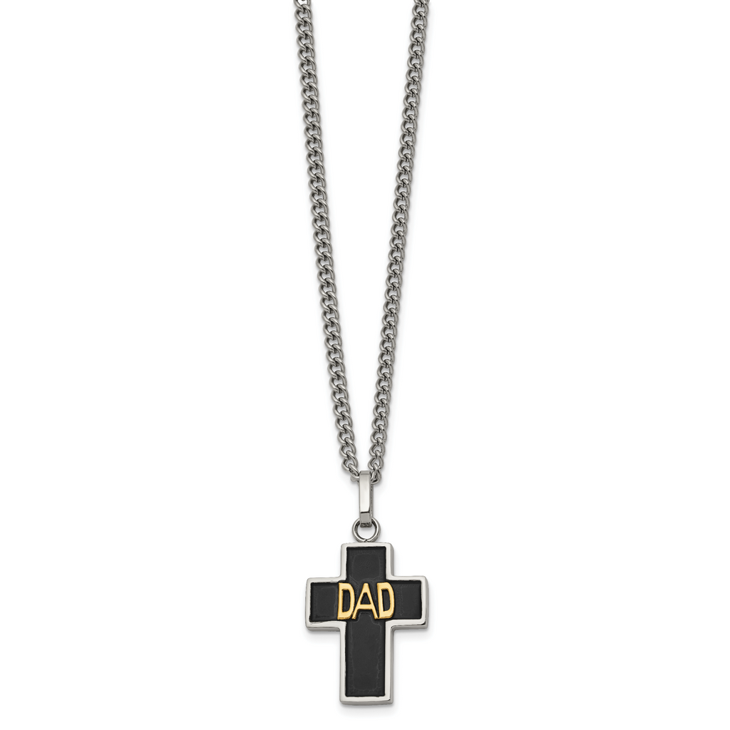 Men's Polished DAD Black Enamel Stainless Steel 14K Gold Accent Curb Chain Cross Necklace 3mm