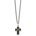 Men's Polished DAD Black Enamel Stainless Steel 14K Gold Accent Curb Chain Cross Necklace 3mm