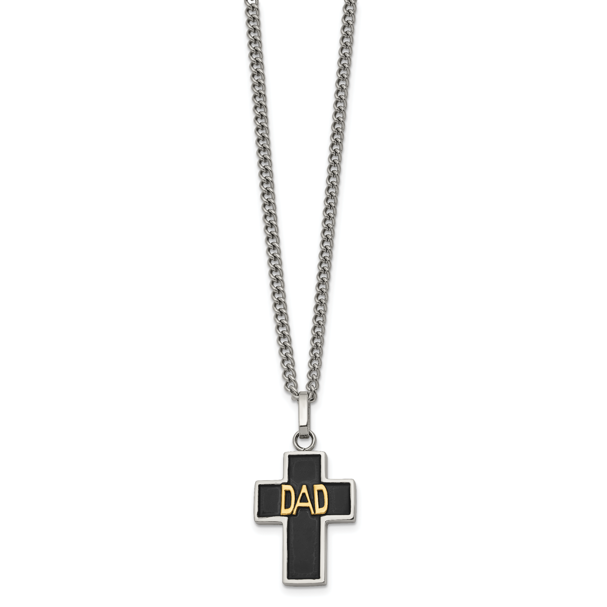 Men's Polished DAD Black Enamel Stainless Steel 14K Gold Accent Curb Chain Cross Necklace 3mm