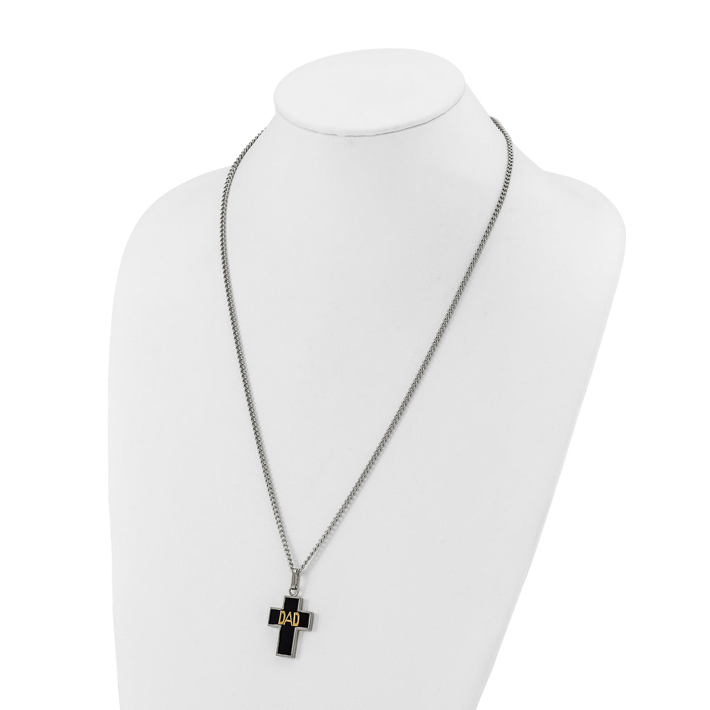 Men's Polished DAD Black Enamel Stainless Steel 14K Gold Accent Curb Chain Cross Necklace 3mm