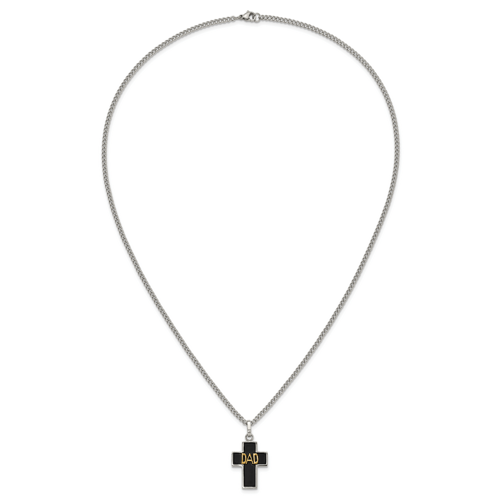 Men's Polished DAD Black Enamel Stainless Steel 14K Gold Accent Curb Chain Cross Necklace 3mm
