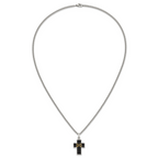 Men's Polished DAD Black Enamel Stainless Steel 14K Gold Accent Curb Chain Cross Necklace 3mm