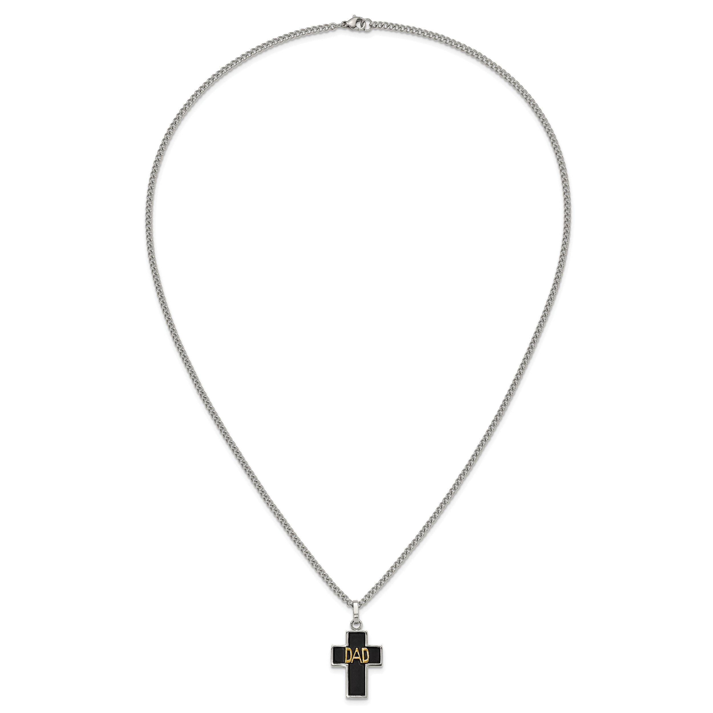 Men's Polished DAD Black Enamel Stainless Steel 14K Gold Accent Curb Chain Cross Necklace 3mm