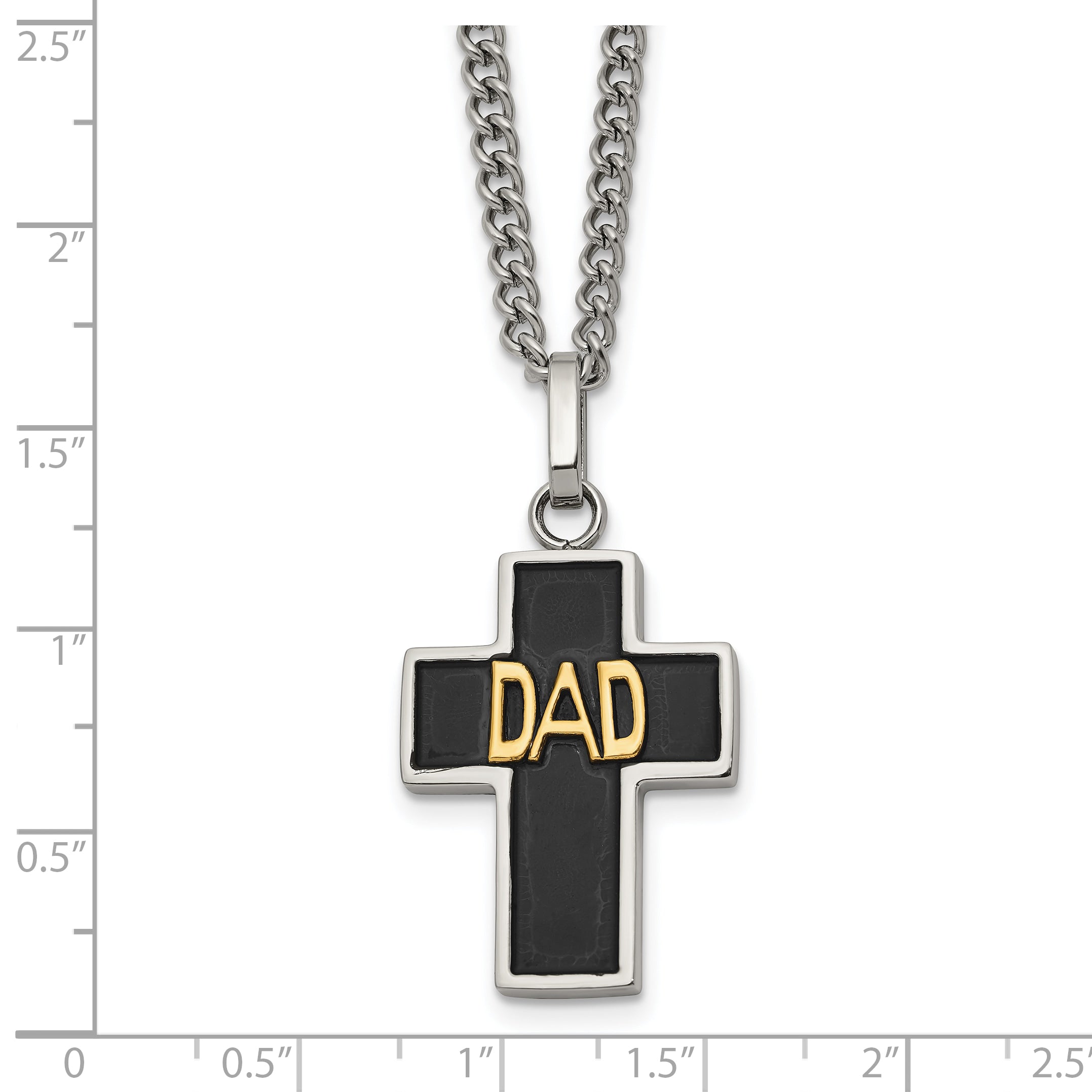 Men's Polished DAD Black Enamel Stainless Steel 14K Gold Accent Curb Chain Cross Necklace 3mm