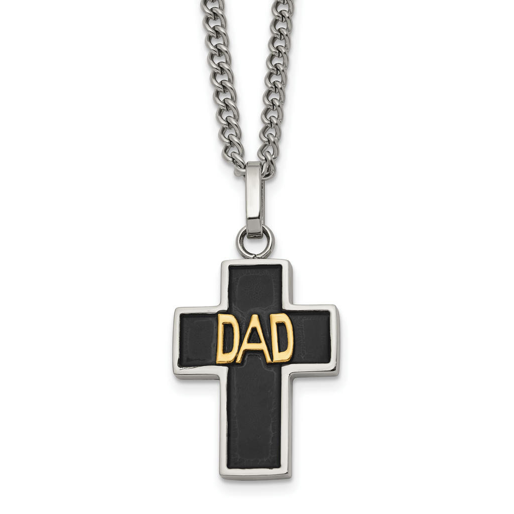 Men's Polished DAD Black Enamel Stainless Steel 14K Gold Accent Curb Chain Cross Necklace 3mm