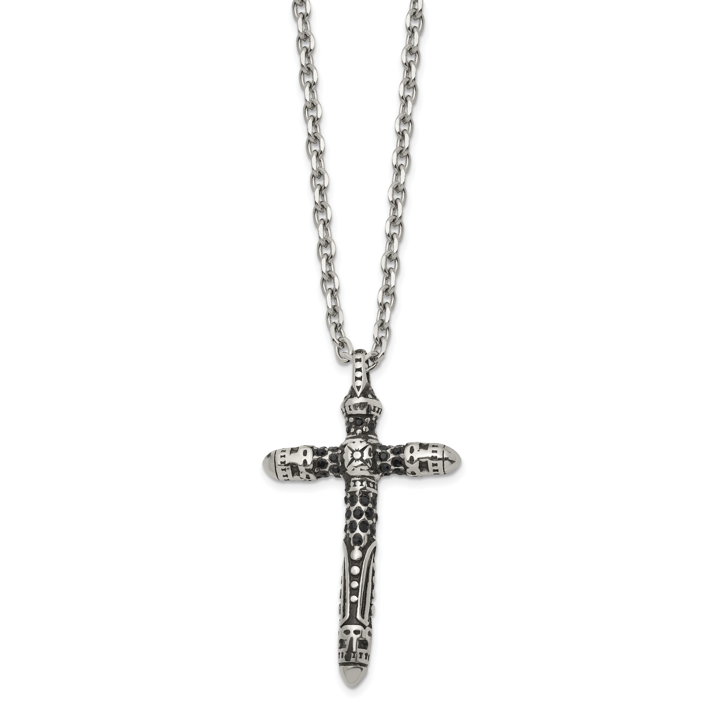 Men's Antiqued Black Crystal Cross Stainless Steel Cable Chain Necklace 3.5mm Secondary image