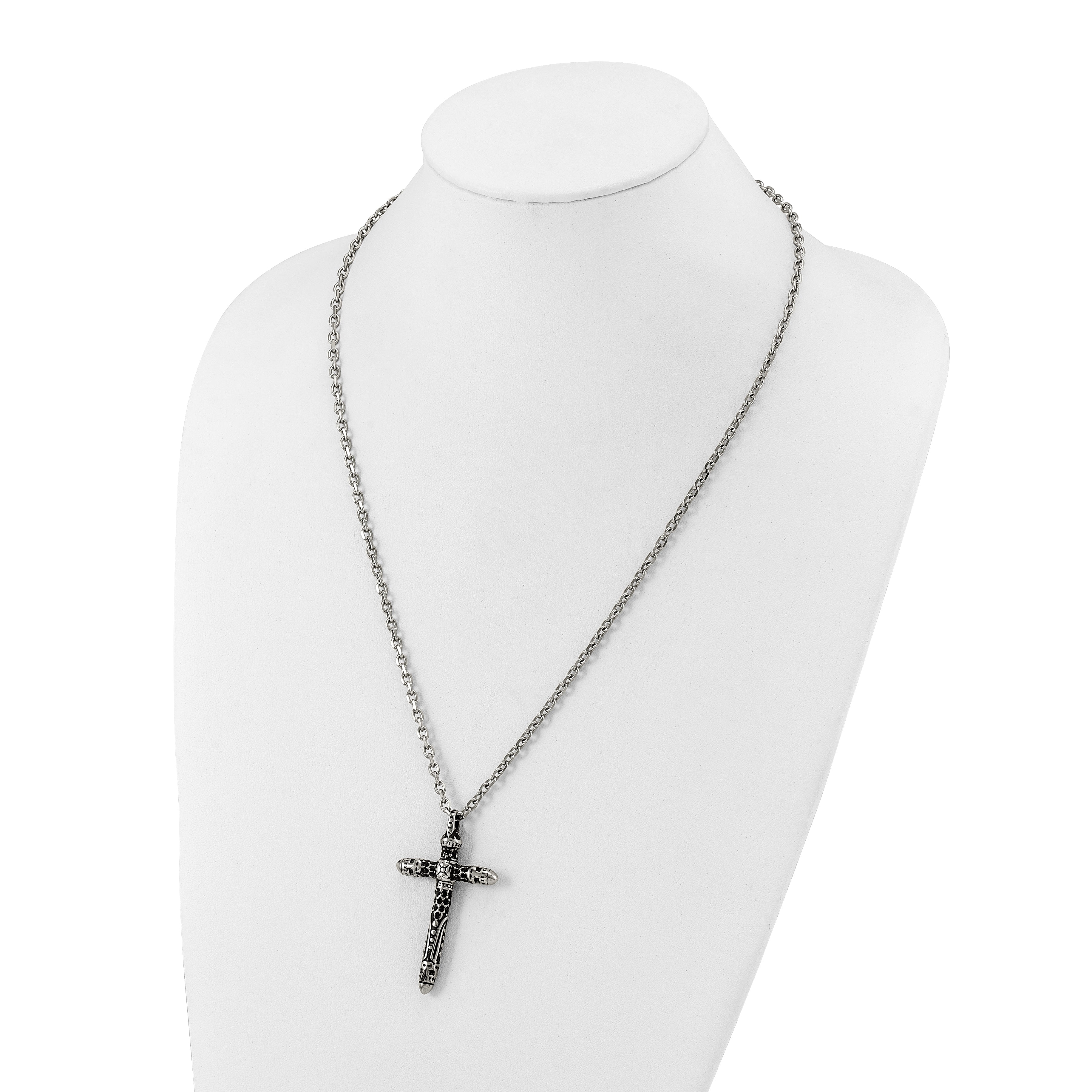 Men's Antiqued Black Crystal Cross Stainless Steel Cable Chain Necklace 3.5mm