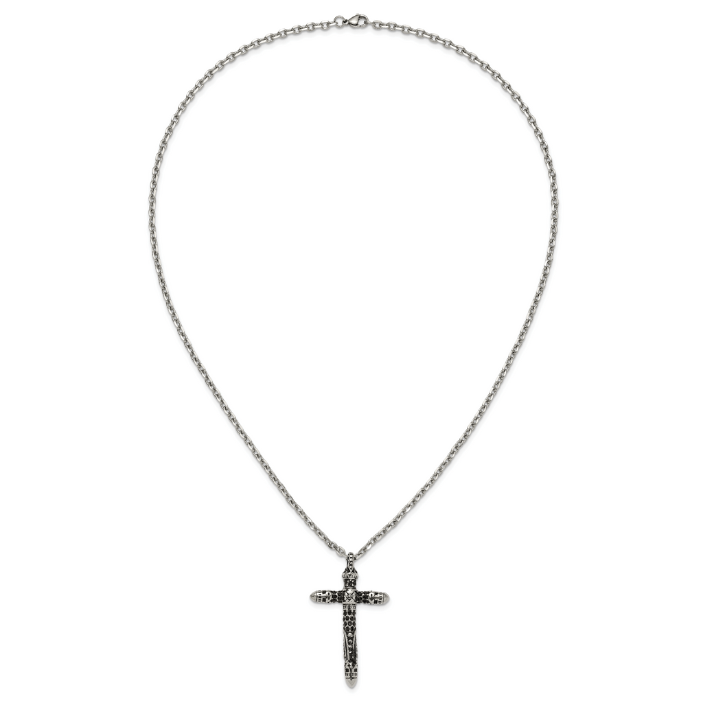 Men's Antiqued Black Crystal Cross Stainless Steel Cable Chain Necklace 3.5mm