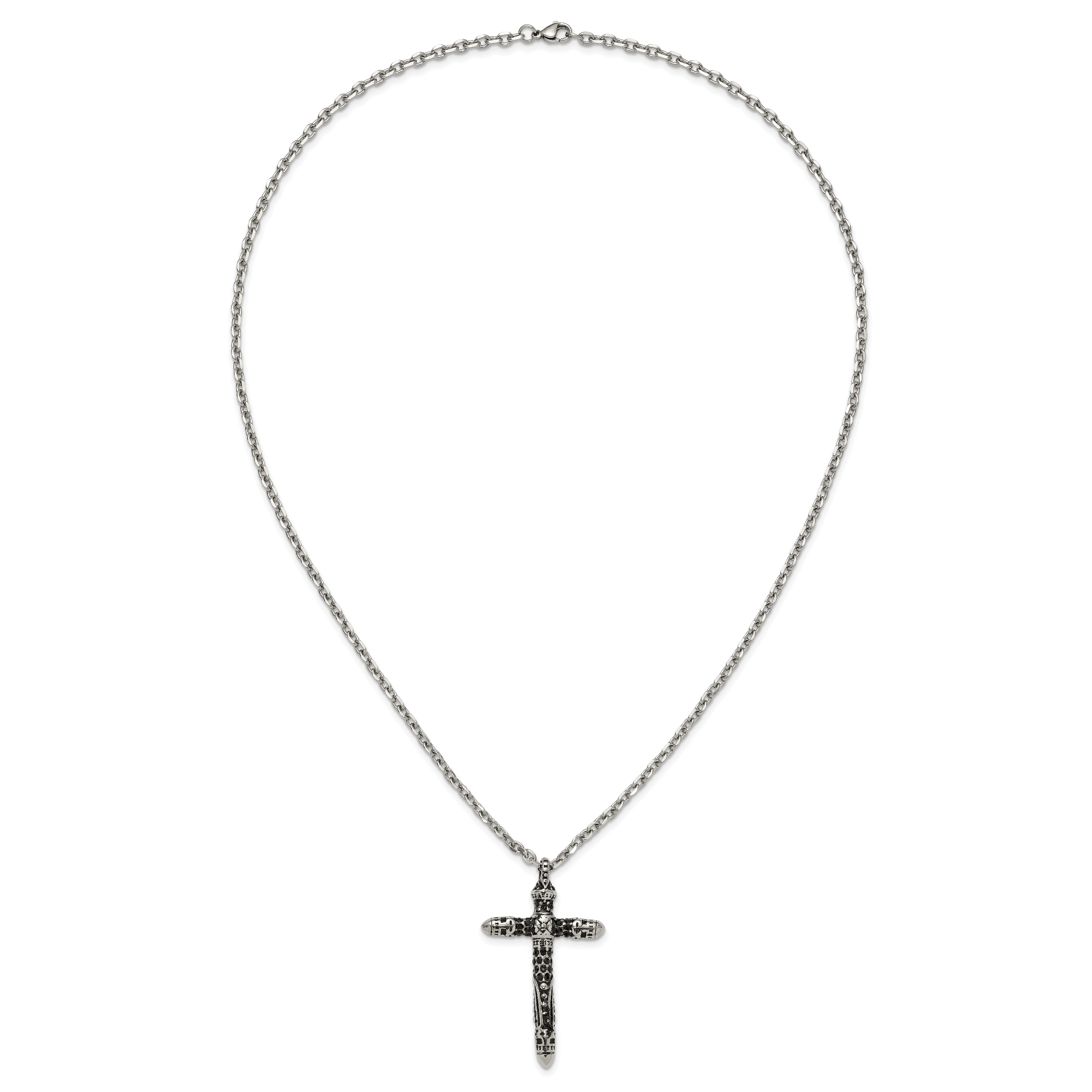 Men's Antiqued Black Crystal Cross Stainless Steel Cable Chain Necklace 3.5mm