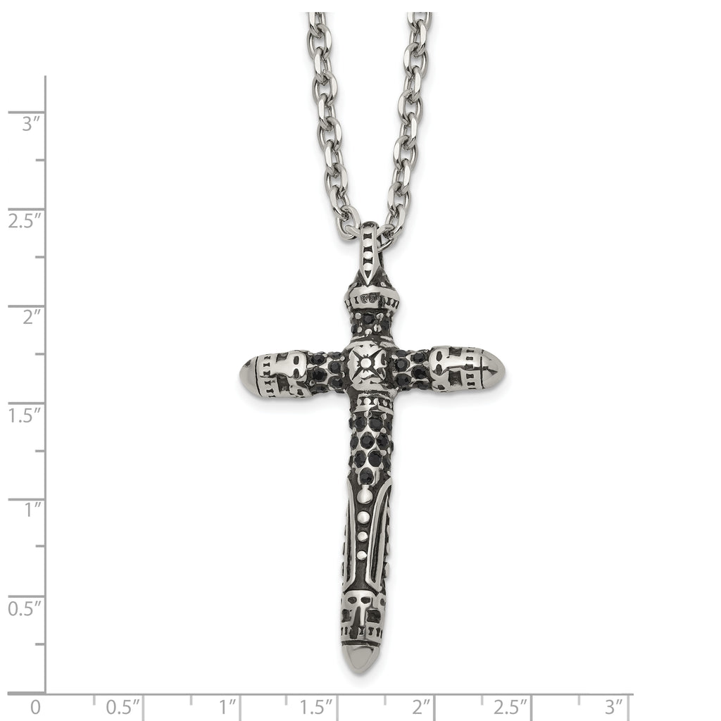 Men's Antiqued Black Crystal Cross Stainless Steel Cable Chain Necklace 3.5mm