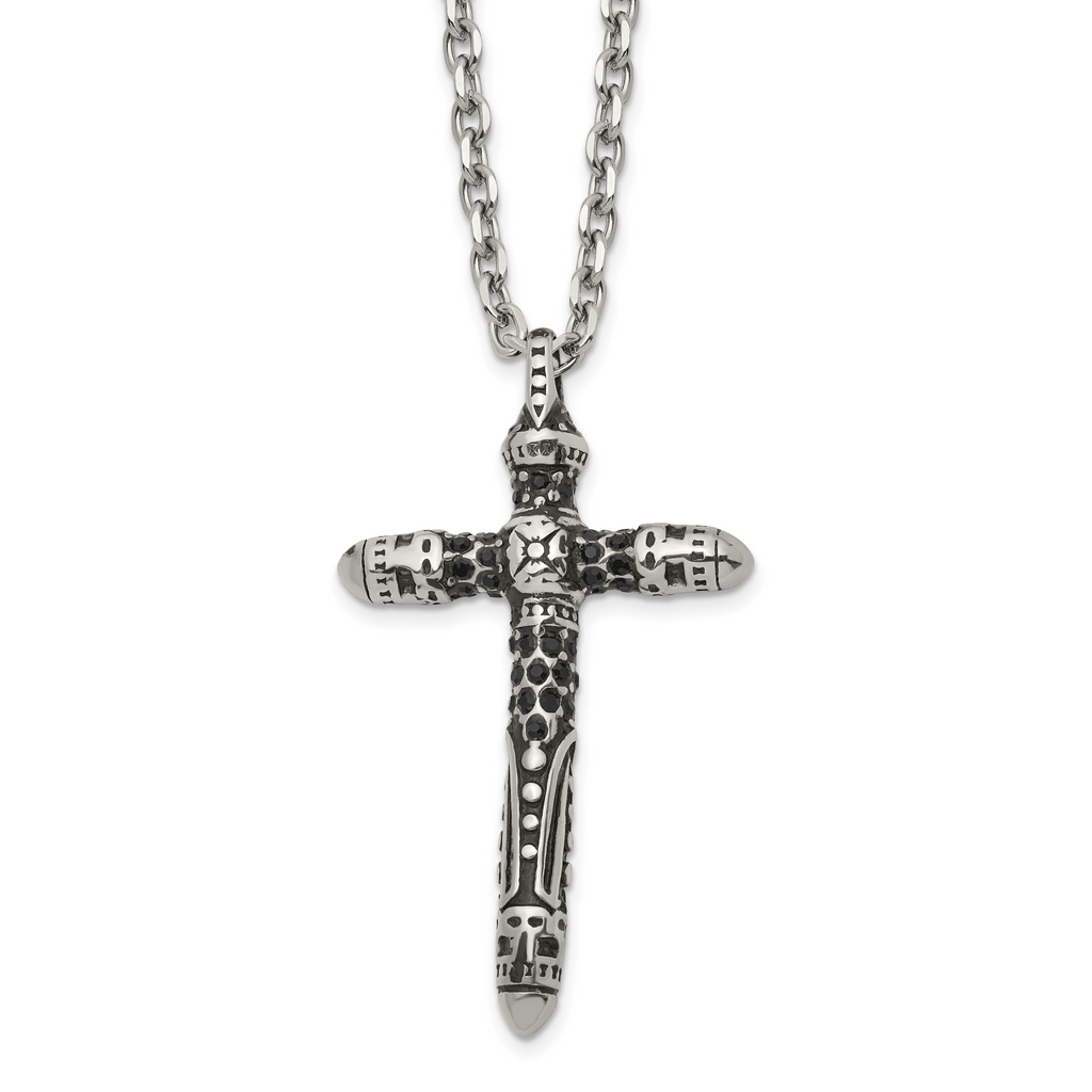 Men's Antiqued Black Crystal Cross Stainless Steel Cable Chain Necklace 3.5mm