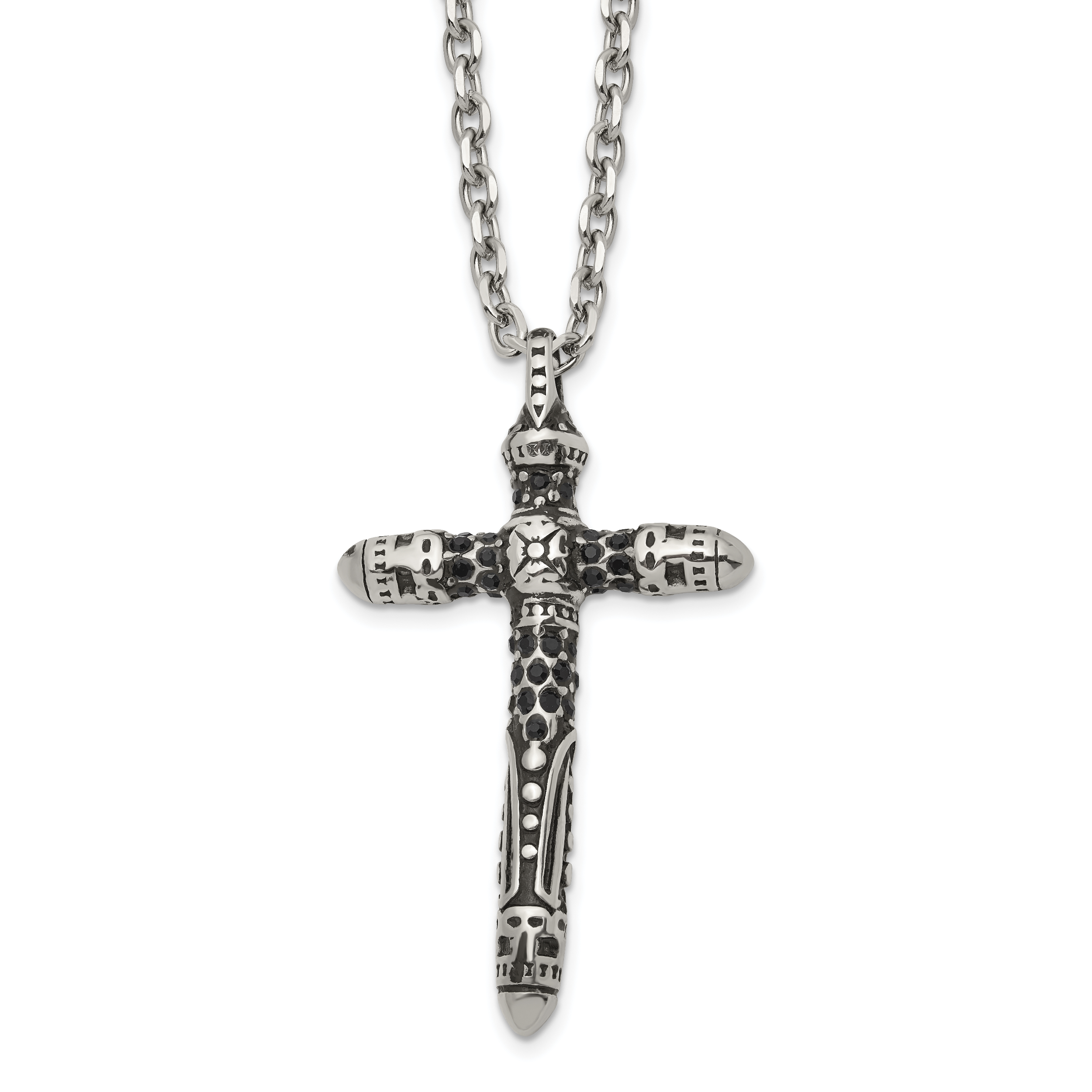 Men's Antiqued Black Crystal Cross Stainless Steel Cable Chain Necklace 3.5mm