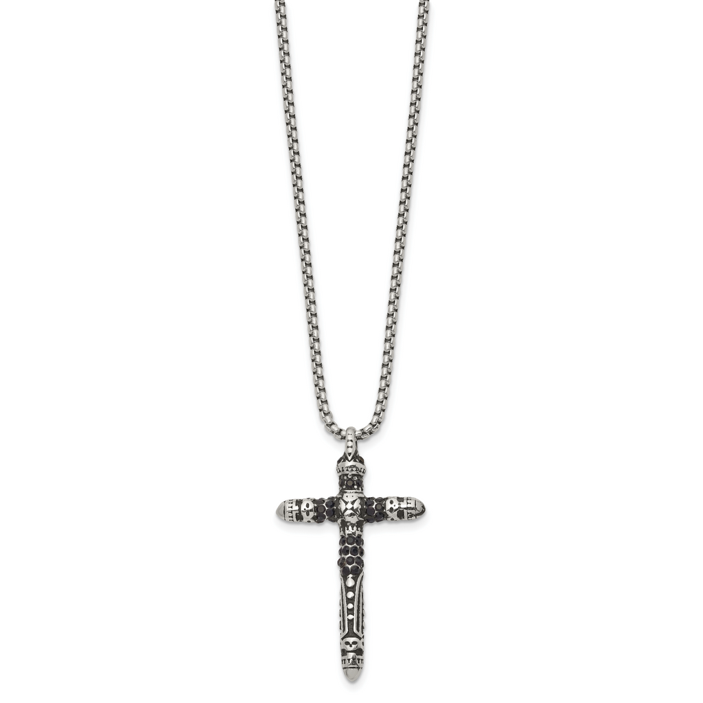 Men's Antiqued Black Crystal Cross Stainless Steel Box Chain Necklace 1.85mm