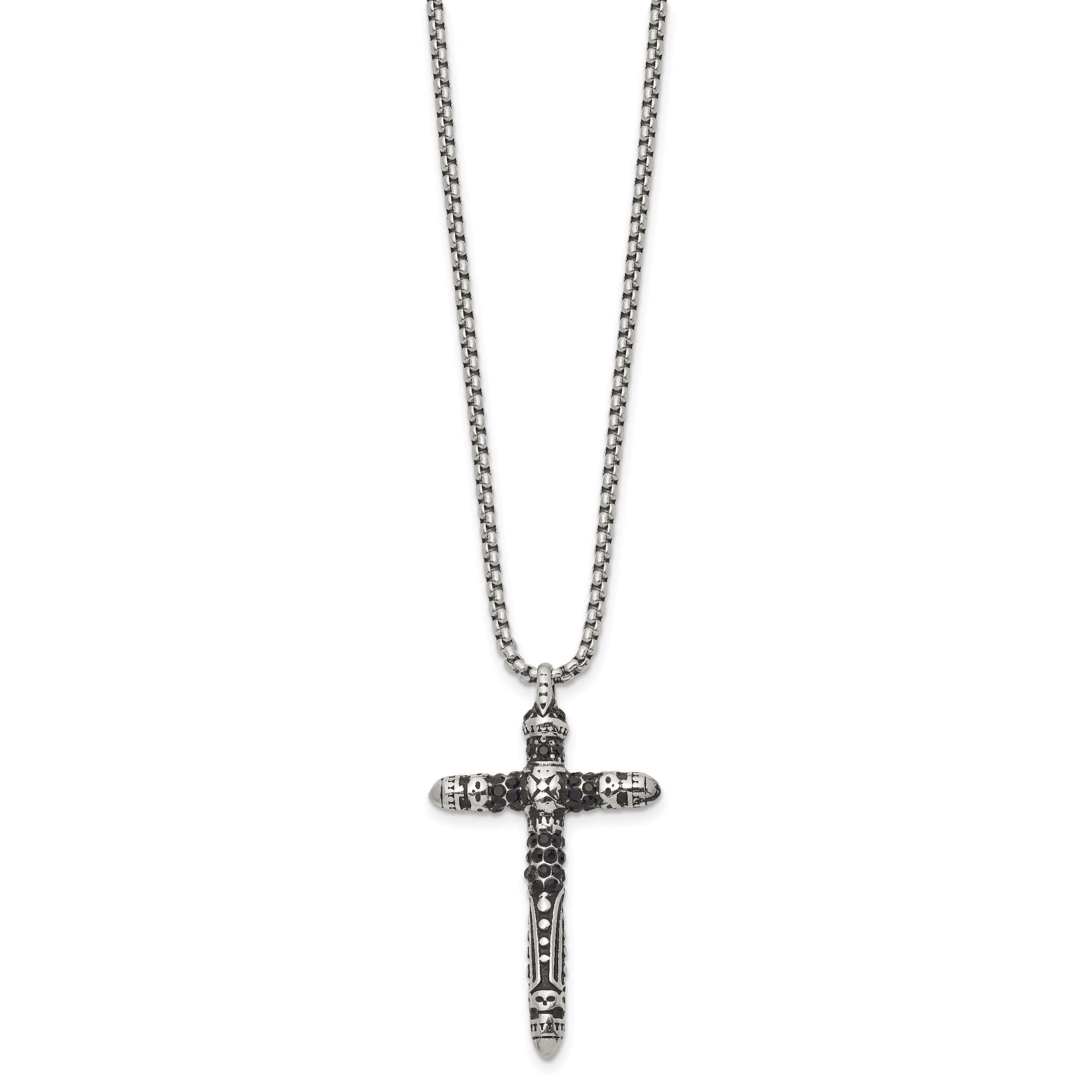 Men's Antiqued Black Crystal Cross Stainless Steel Box Chain Necklace 1.85mm
