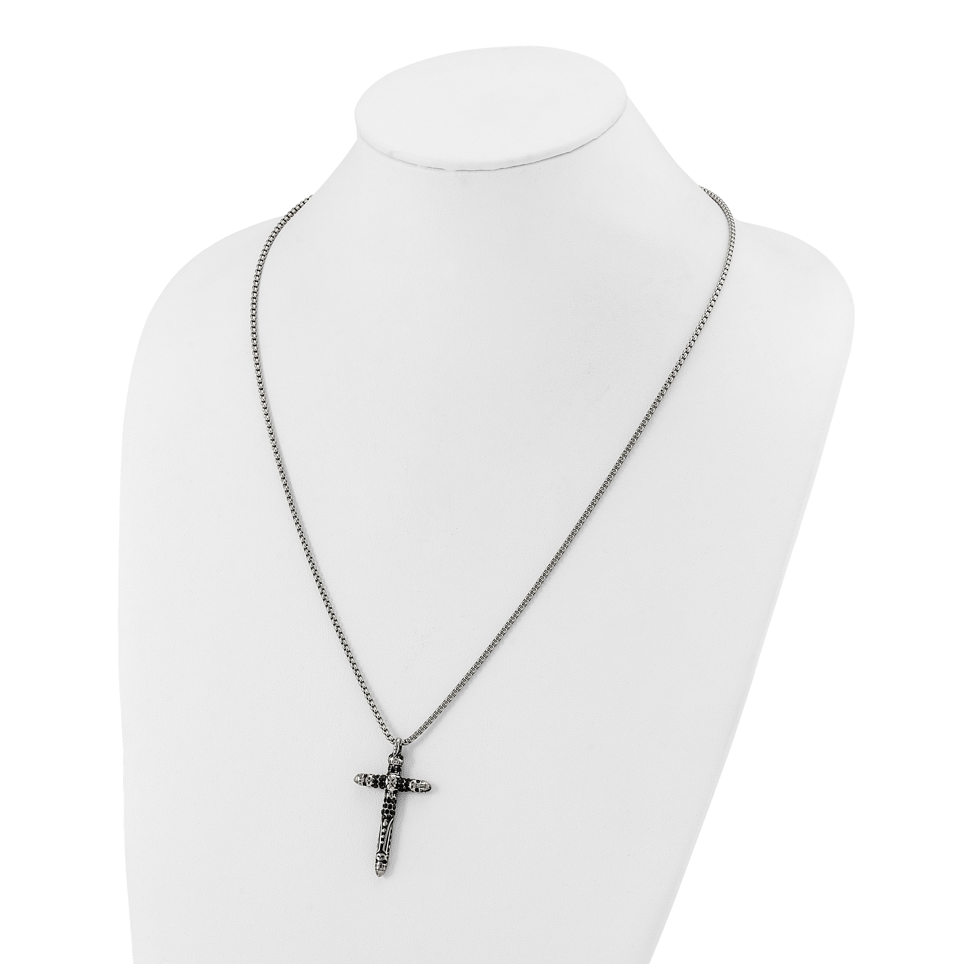 Men's Antiqued Black Crystal Cross Stainless Steel Box Chain Necklace 1.85mm