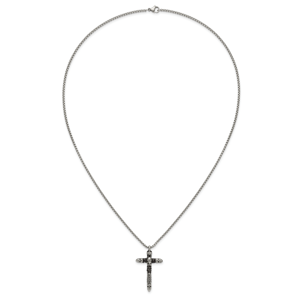 Men's Antiqued Black Crystal Cross Stainless Steel Box Chain Necklace 1.85mm