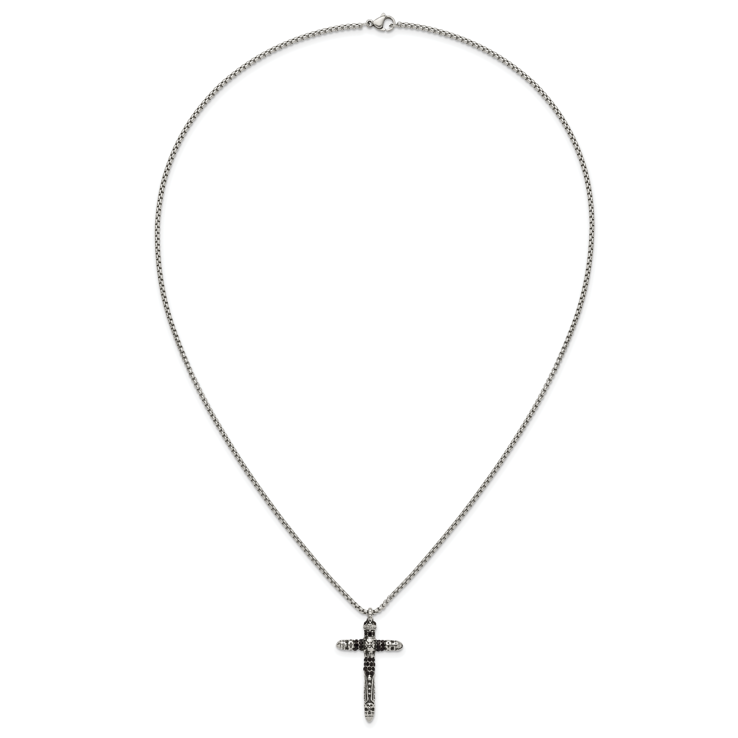 Men's Antiqued Black Crystal Cross Stainless Steel Box Chain Necklace 1.85mm