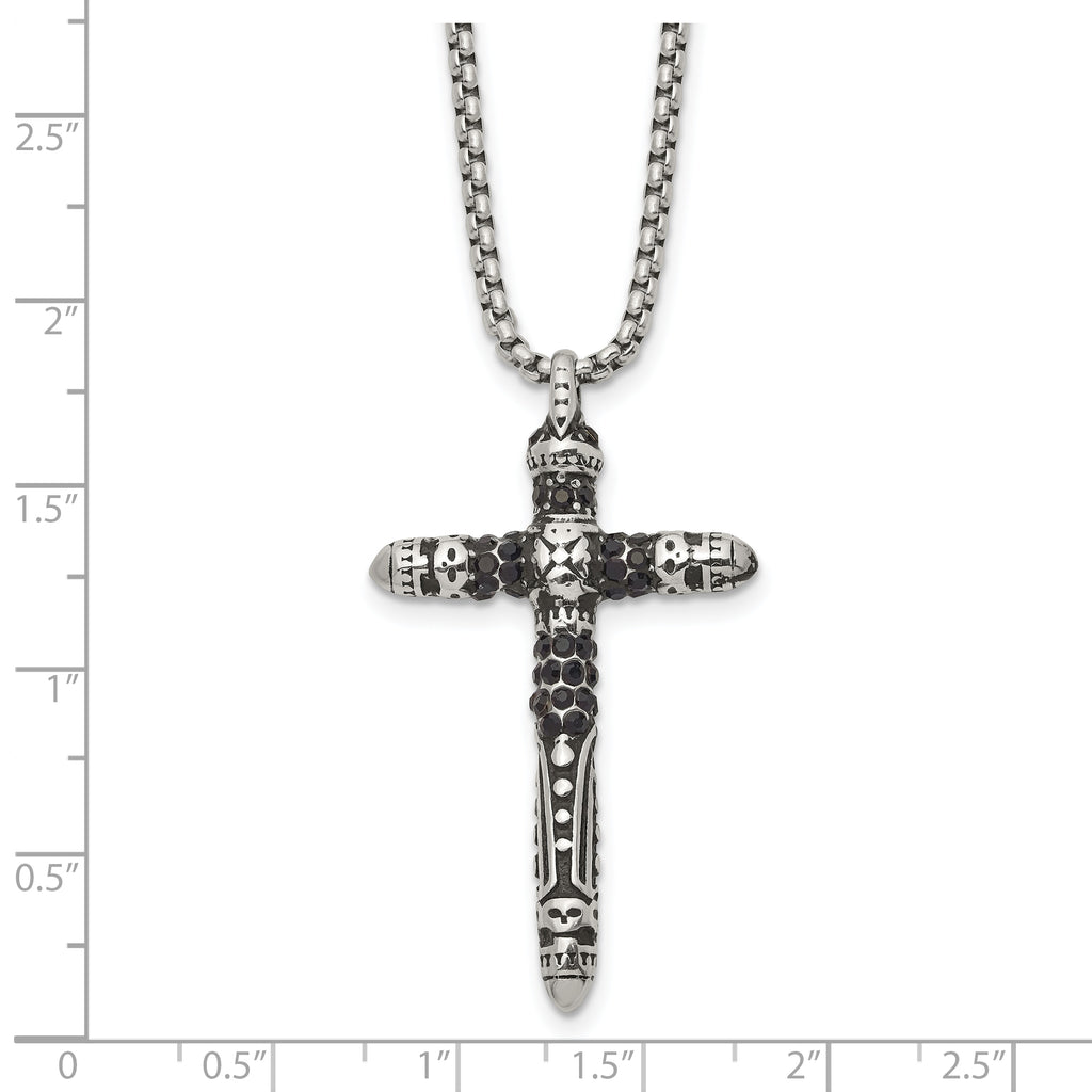 Men's Antiqued Black Crystal Cross Stainless Steel Box Chain Necklace 1.85mm