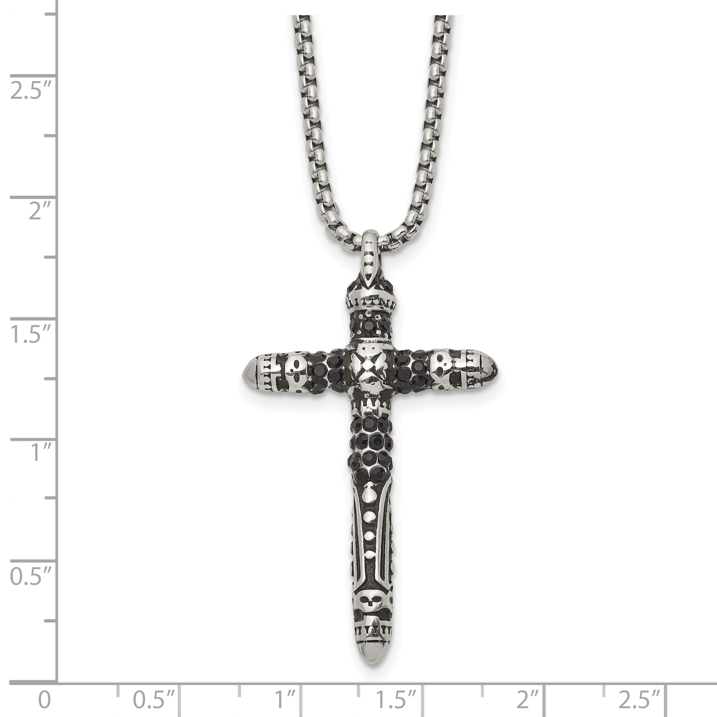 Men's Antiqued Black Crystal Cross Stainless Steel Box Chain Necklace 1.85mm