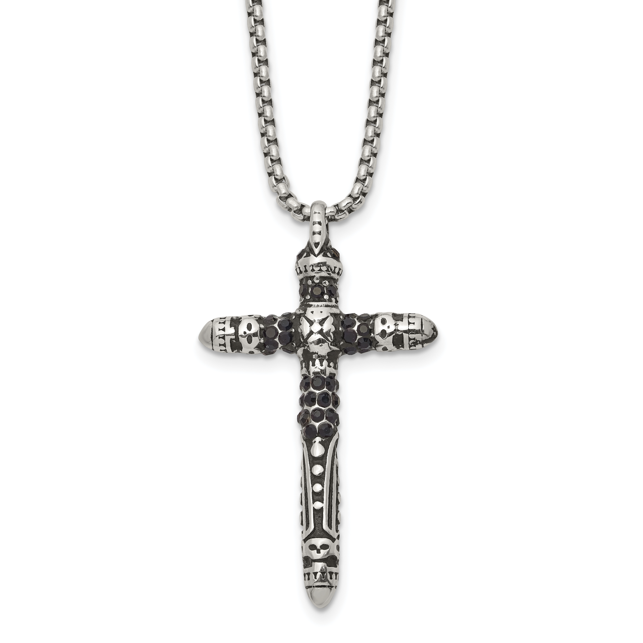 Men's Antiqued Black Crystal Cross Stainless Steel Box Chain Necklace 1.85mm Main image