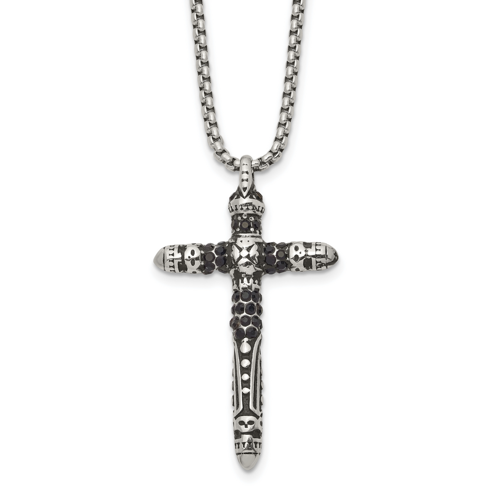 Men's Antiqued Black Crystal Cross Stainless Steel Box Chain Necklace 1.85mm