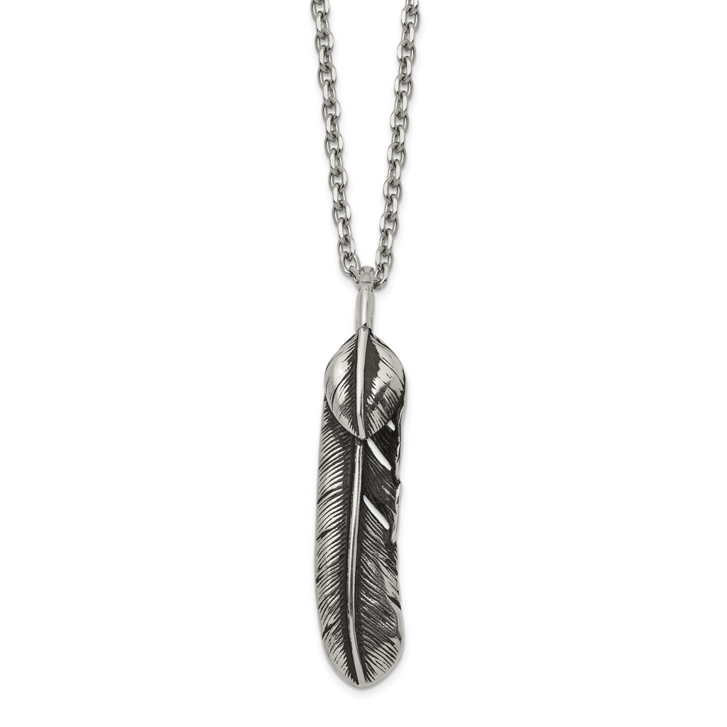 Men's Antiqued Feather Stainless Steel Cable Chain Pendant Necklace 3.5mm