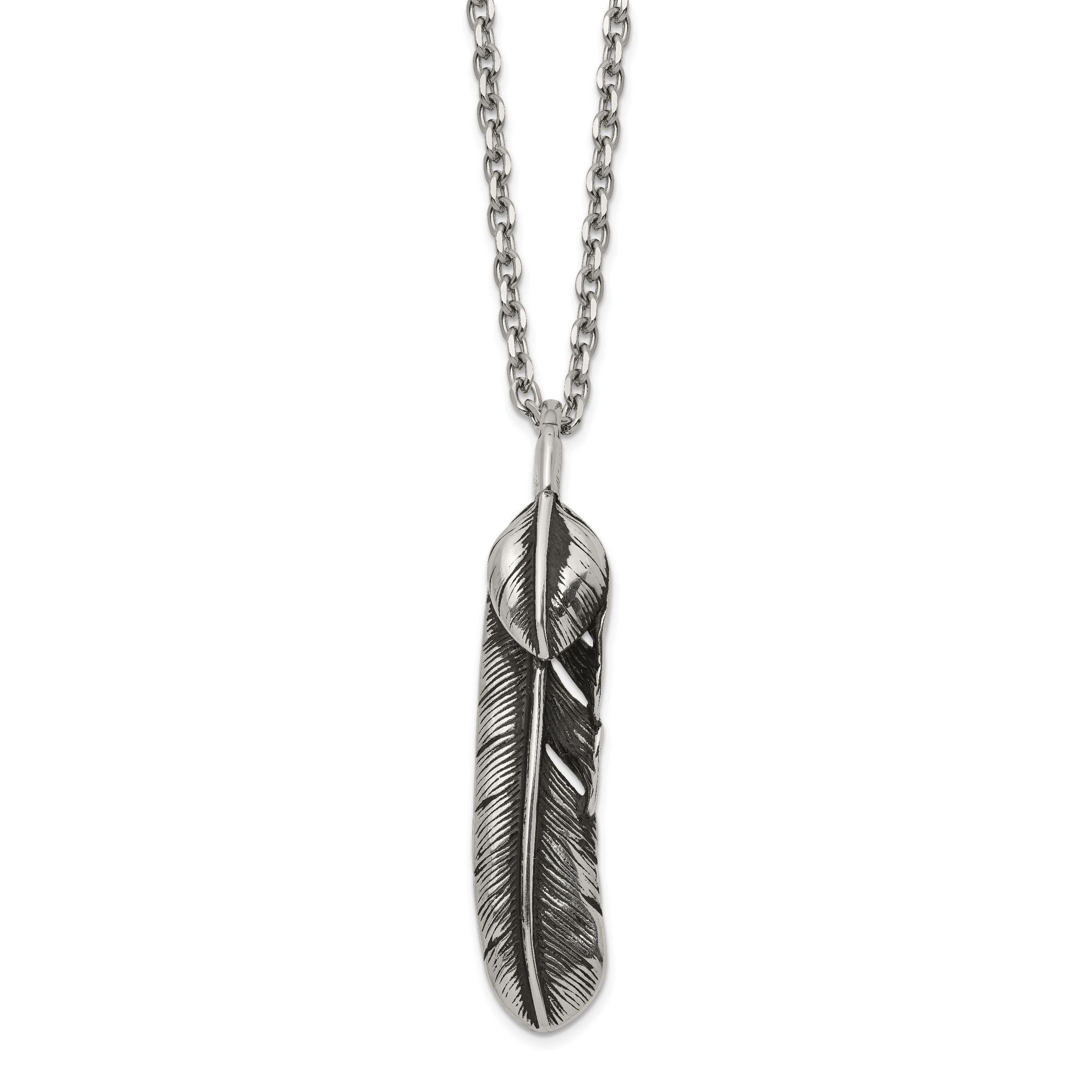 Men's Antiqued Feather Stainless Steel Cable Chain Pendant Necklace 3.5mm