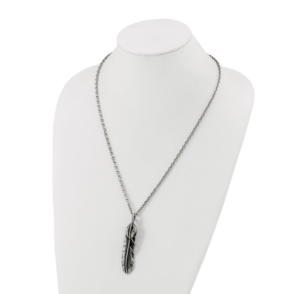 Men's Antiqued Feather Stainless Steel Cable Chain Pendant Necklace 3.5mm