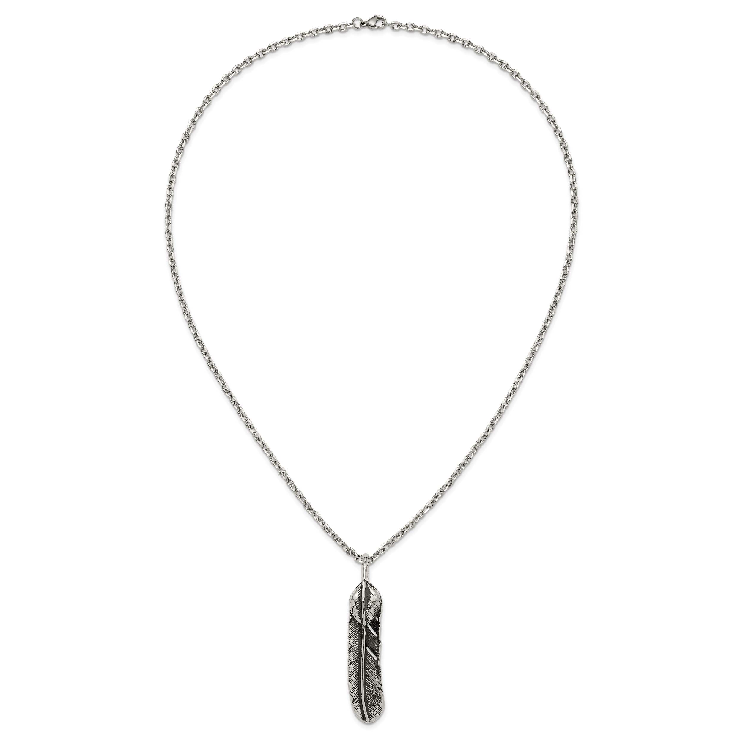 Men's Antiqued Feather Stainless Steel Cable Chain Pendant Necklace 3.5mm