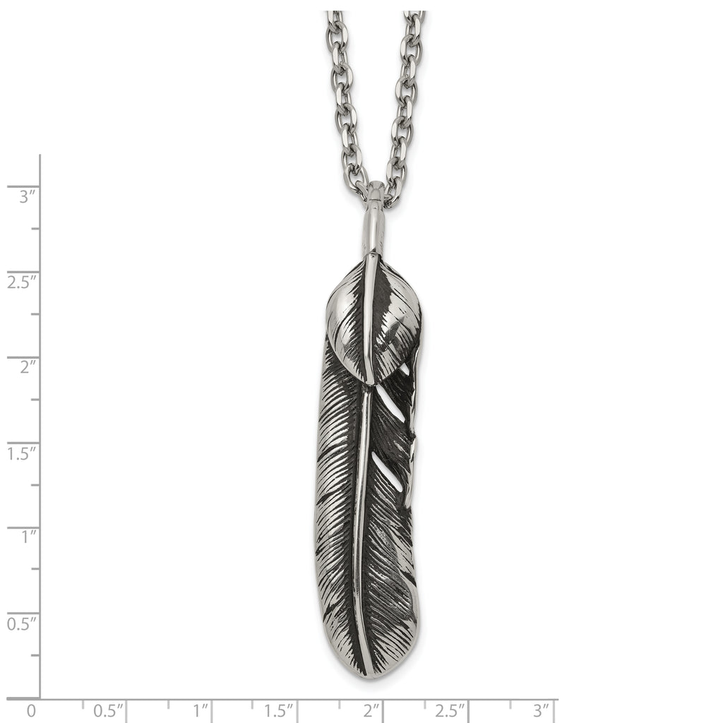 Men's Antiqued Feather Stainless Steel Cable Chain Pendant Necklace 3.5mm