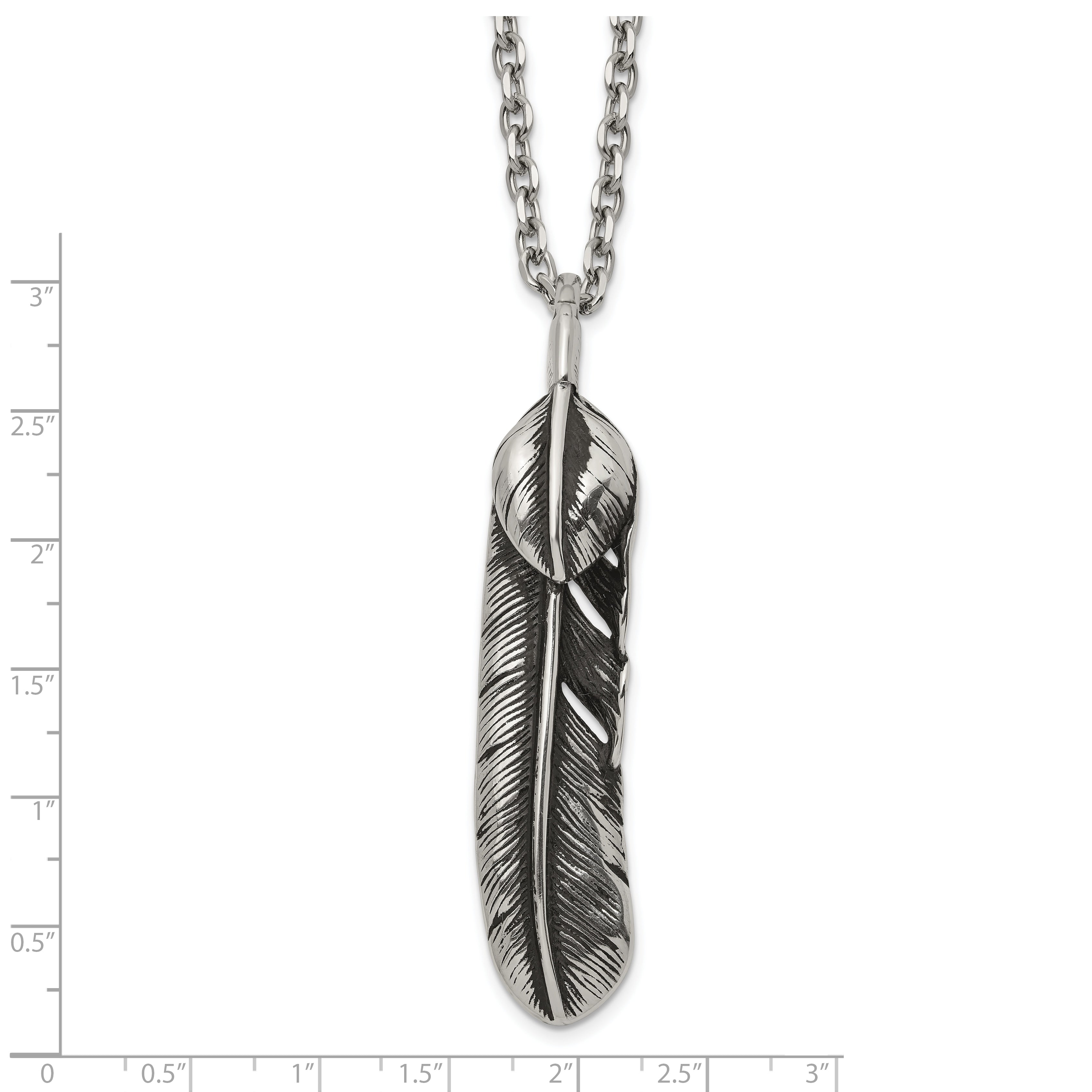 Men's Antiqued Feather Stainless Steel Cable Chain Pendant Necklace 3.5mm