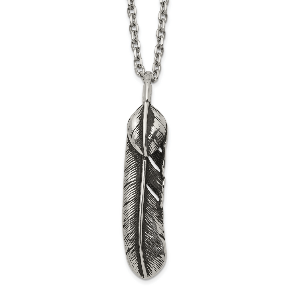 Men's Antiqued Feather Stainless Steel Cable Chain Pendant Necklace 3.5mm