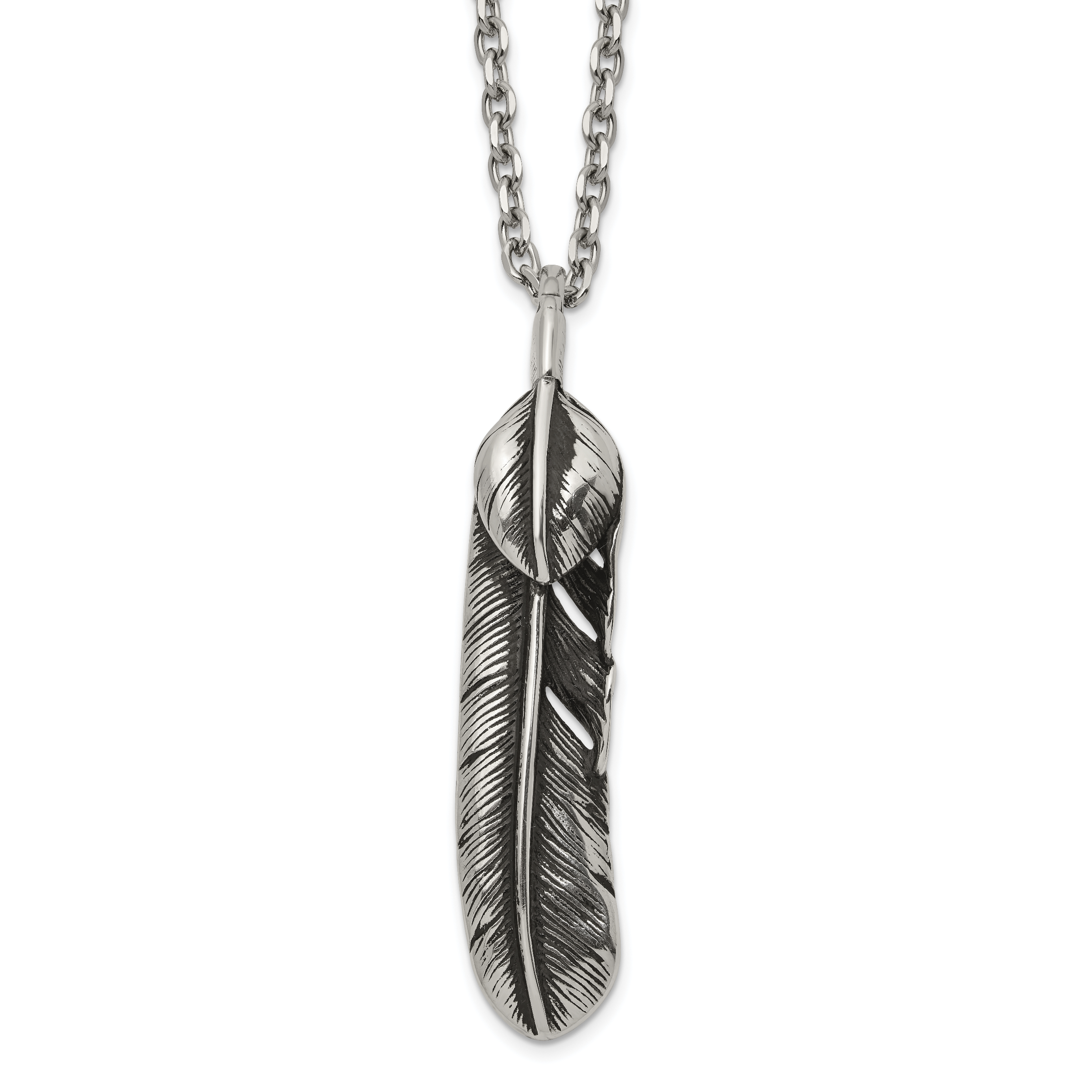 Men's Antiqued Feather Stainless Steel Cable Chain Pendant Necklace 3.5mm
